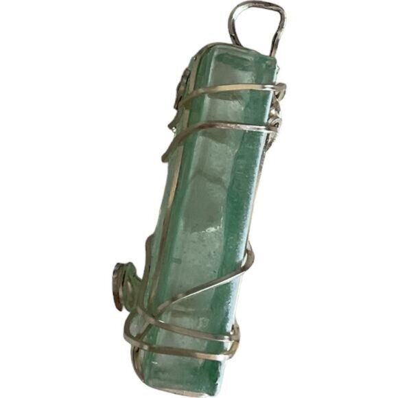 Green Sea Glass Pendant Wrapped In Silver Wire - Picture 4 of 4